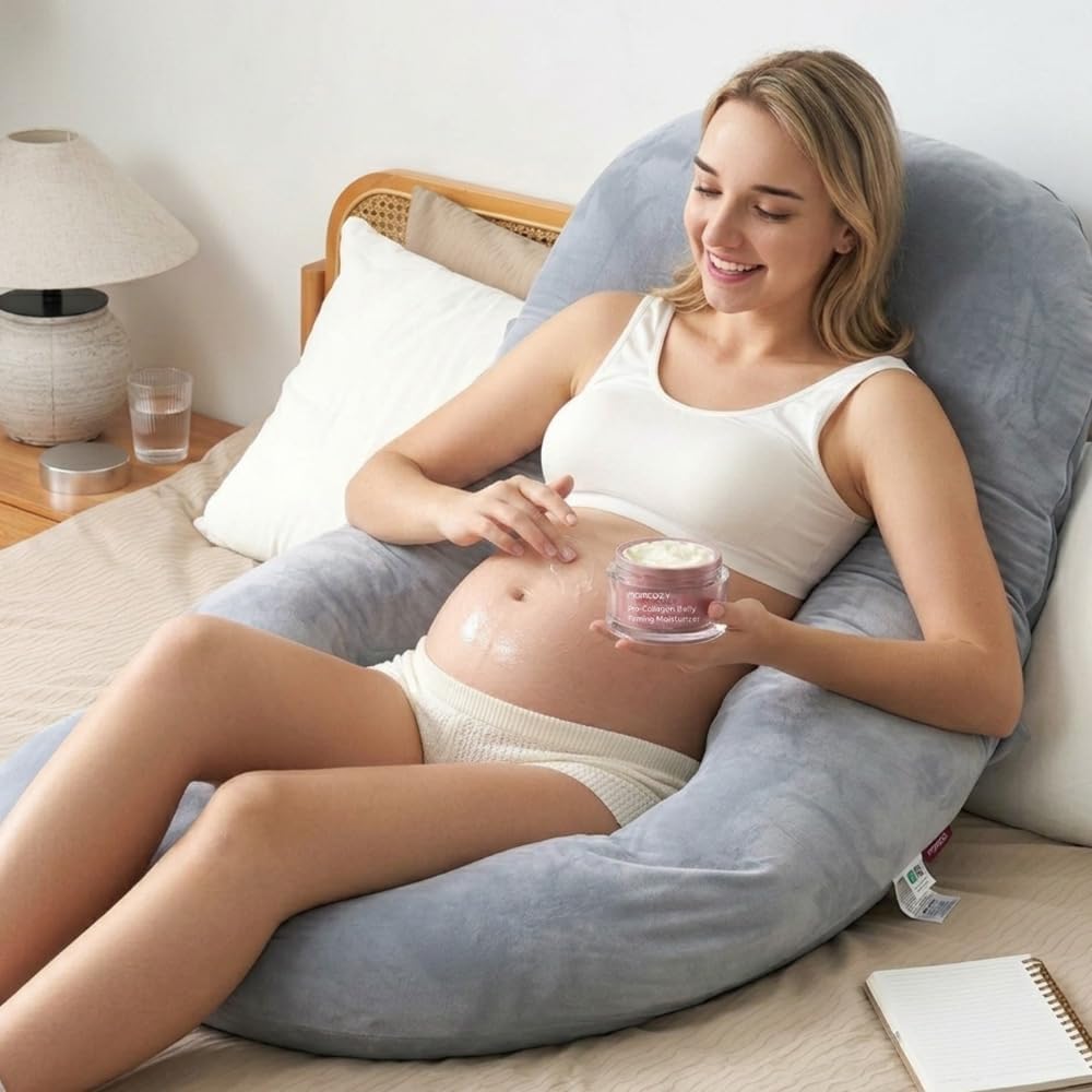 Maternity Comfort Bundle: Full Body U-Shaped Pregnancy Pillow & Hydrating Stretch Mark Cream - Total Body Support &