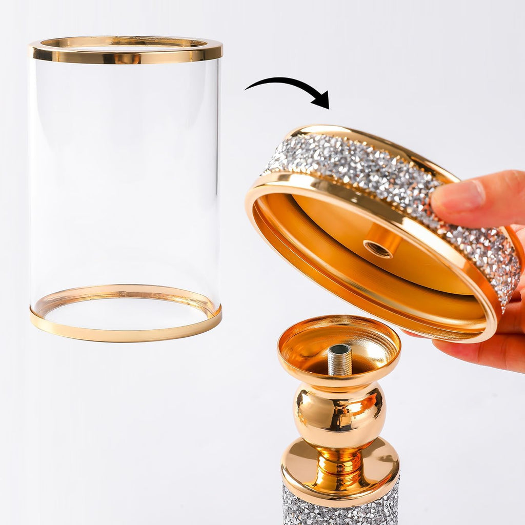 Hurricane Candle Holder, 13.5" Tall Metal Candle Stand, Glass Pillar Candle Holders, Crystal Gold Decorative