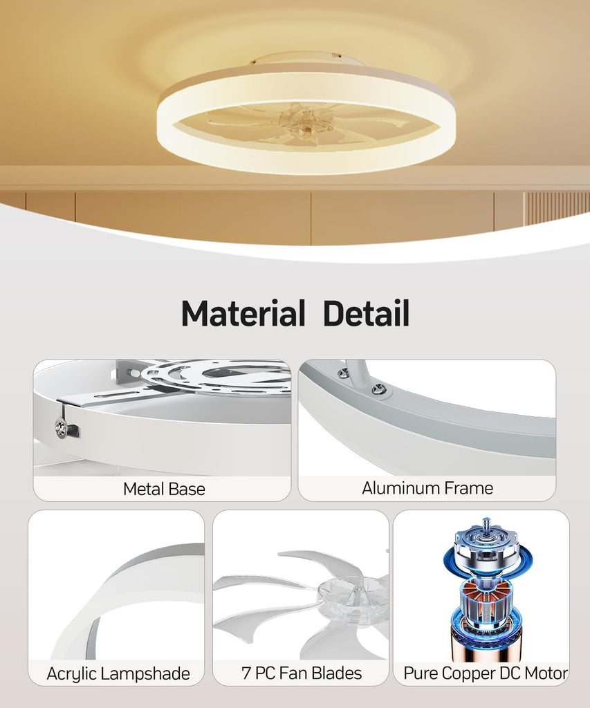 Smart Ceiling Fans with Light and Remote,20'' Low Profile Ceiling Fan with 6-Speed & Dimmable LED, Alexa/APP Home Voice Control, App, Reversible Airflow, App Timer, for Bedroom (White)