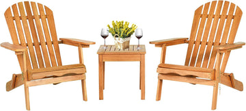 3 Pieces Adirondack Chair Set, Outdoor Wood Furniture Set with 2 Folding Lounge Chairs & Side Table, Widened Armrest