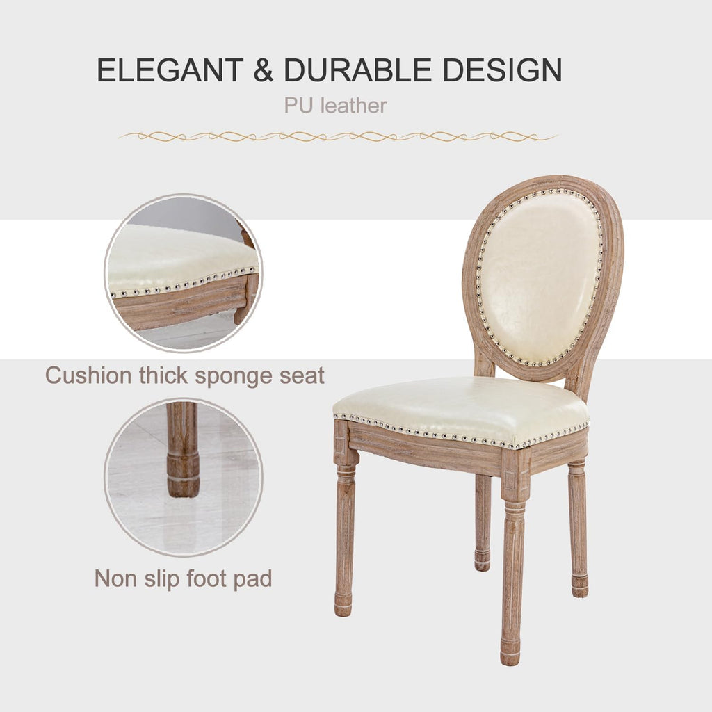 French Country Dining Chairs Set of 4, Upholstered Leather Dining Chairs with Curved Backrest, Vintage Accent Chairs for Living Room or Restaurant, Beige