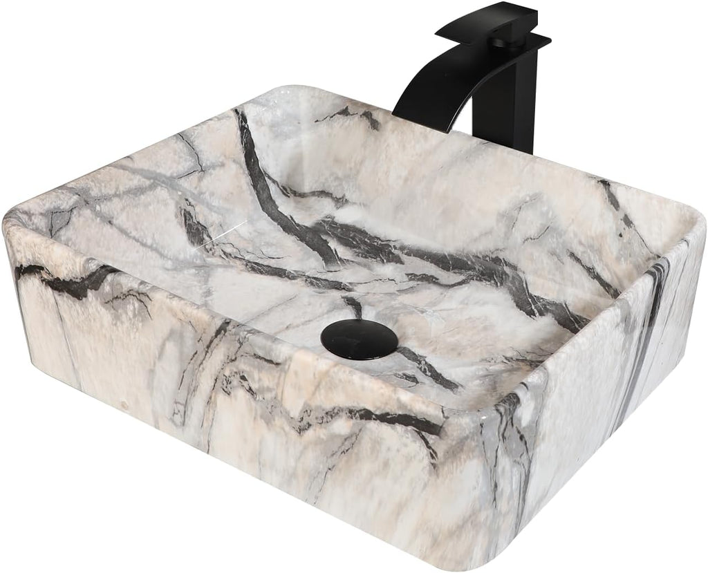 Bathroom 19"X15" Vessel Sink,Ceramic Vessel Sink with Faucet and Drain Combo Rectangular Small Sink Marble Vanity