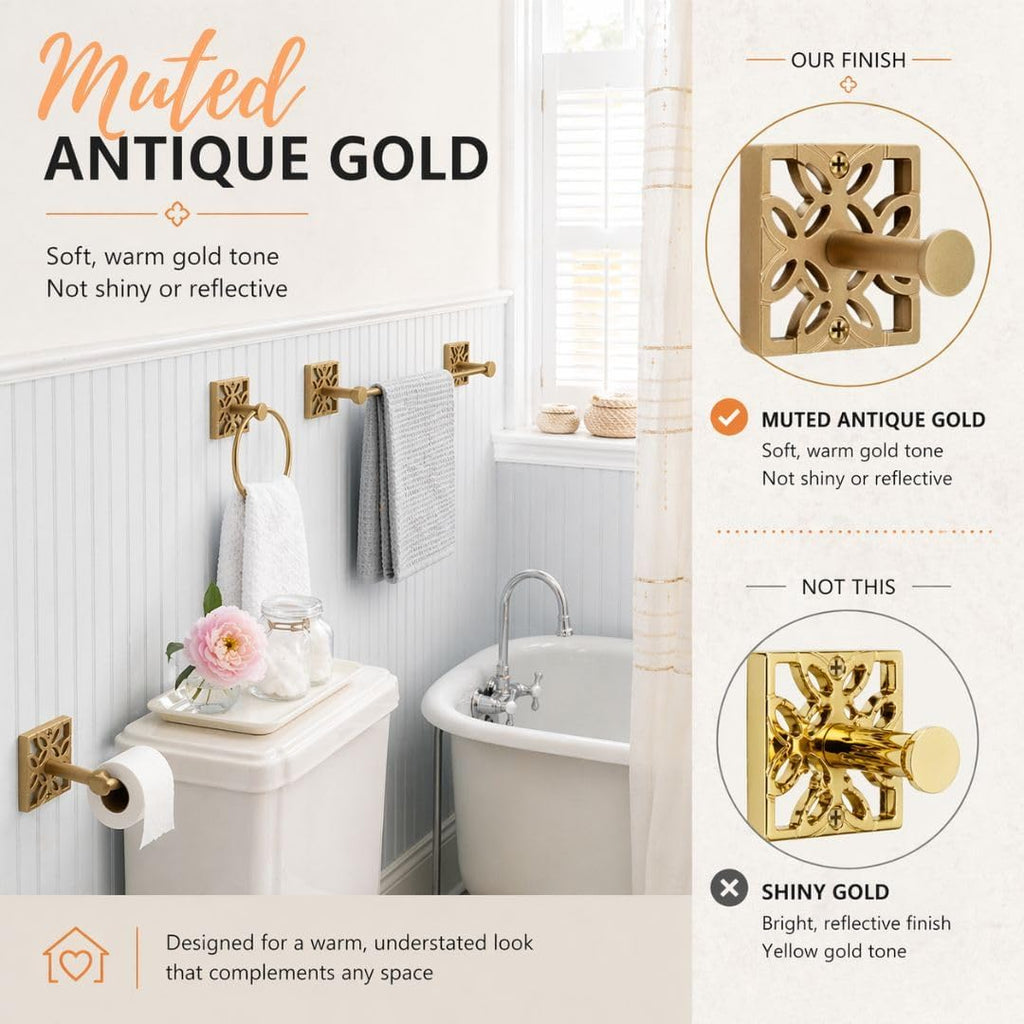 5-Piece Bathroom Hardware Set - Antique Gold (Muted, Brushed Finish - Not Shiny), Wall Mounted Towel Bar, Towel Ring