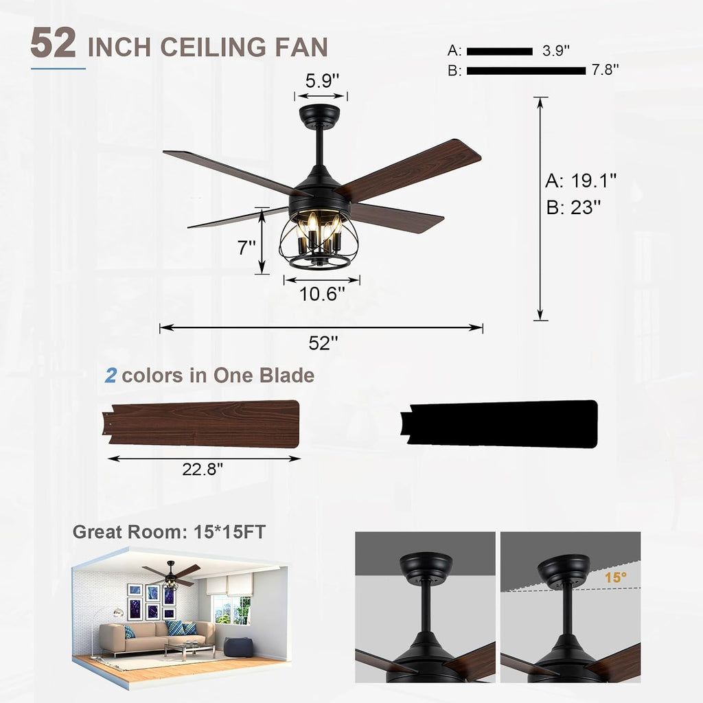 52 Inch Modern Farmhouse Ceiling Fan with Light - Industrial Caged Design