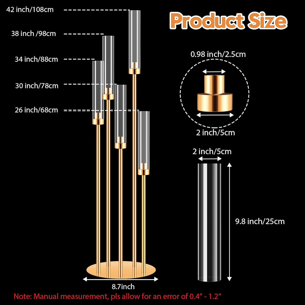 10 Sets 5 Arms Acrylic Candelabra for Tables,42'' Tall Candlesticks Holder with Lampshade,Wedding Centerpieces,Gold