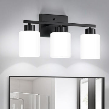 Black Bathroom Light Fixtures Vanity Lights Over Mirror | Modern 3-Light lighting fixtures with Milky White Frosted