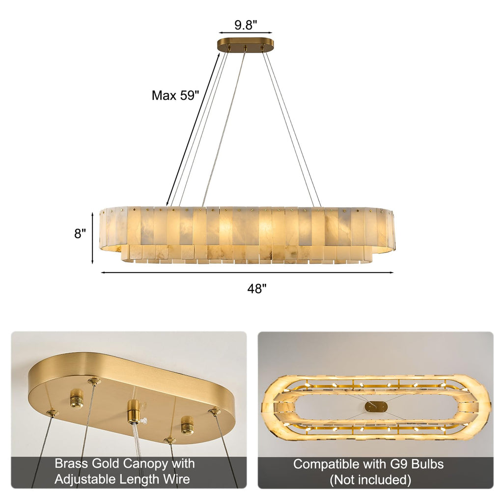 48 Inch Large Rectangular Alabaster Chandelier, 18 Light Modern Linear Pendant Light with Natural Stone Panels