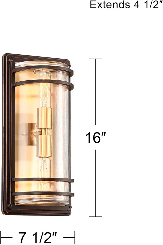 Modern Industrial Wall Light Sconce Bronze Brass Hardwired 7 1/2" 2-Light Fixture Clear Glass for Bedroom Bathroom Vanity Reading Living Room Hallway House Home DŽcor