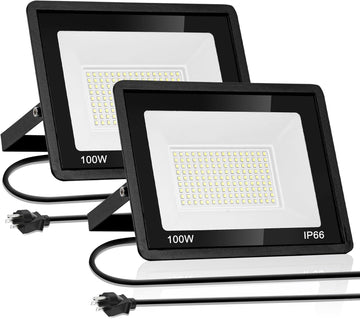 2-Pack 100W LED Flood Light for Yard | IP66 Waterproof Exterior Security Outdoor Flood Light with Plug for