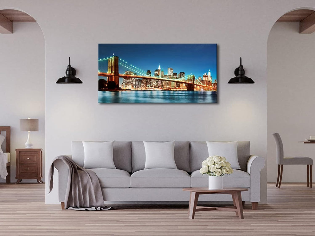 Large Modern New York Cityscape Canvas Wall Art Brooklyn Bridge Night View Canvas Prints Stretched Landscape Pictures