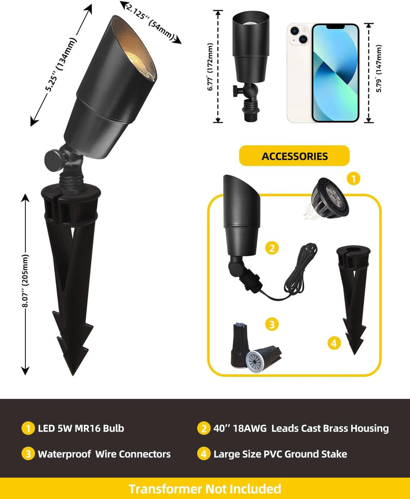 Brass Low Voltage Landscape Spotlight(Black) 6-Pack with 5W Aluminum Housing MR16 LED Bulb 2700K 450LM CRI85+,12V