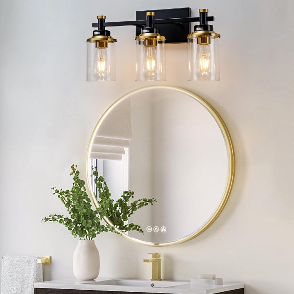 3 Light Bathroom Light Fixtures, Black and Brushed Gold Vanity Light Fixture Over Mirror, Modern Wall Sconces