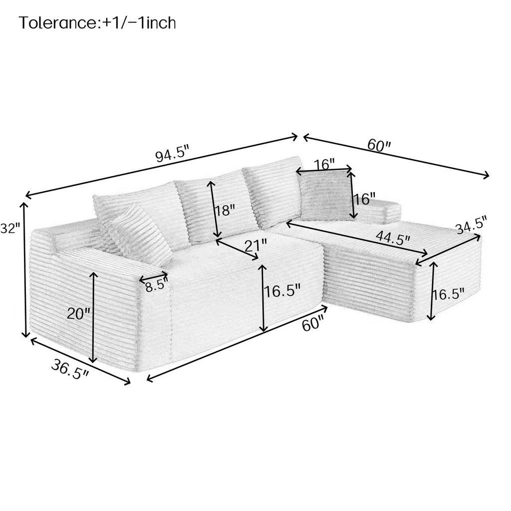 95" L-Shaped Cloud Sectional Couch, Right Facing Modular Compressed Boneless Sectional Sofa with Chaise Lounge, Plush