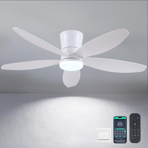 48" Ceiling Fans with Lights-Low Profile Ceiling Fan with Light and Remote/APP Control,Flush Mount,DC Reversible,LED Dimmable Modern Ceiling Fans for Bedroom,Indoor/Outdoor Patio Use(White) A101-B0DNLT1GRY