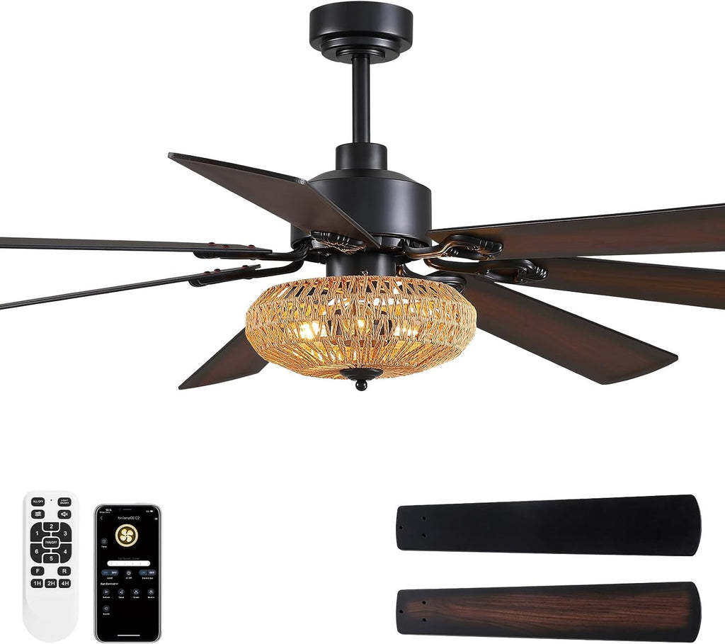 72 Inch Ceiling Fan with Light Indoor Rustic Farmhouse Matte Black 7 Blades APP and Remote Control