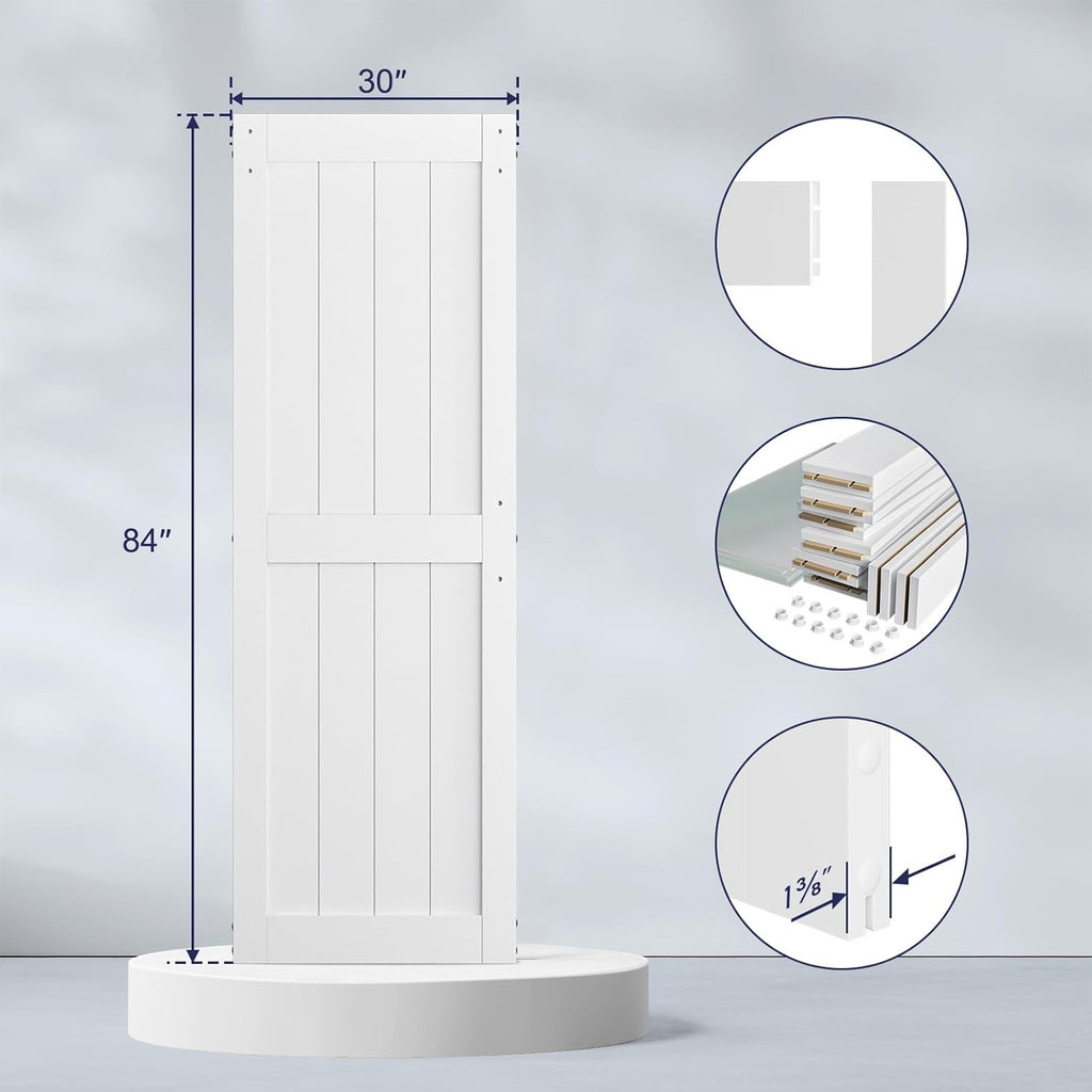 30 x 84 inch White Sliding MDF Barn Door with 5FT Black Sliding Door Hardware Kit & Handle, Pre-Dril