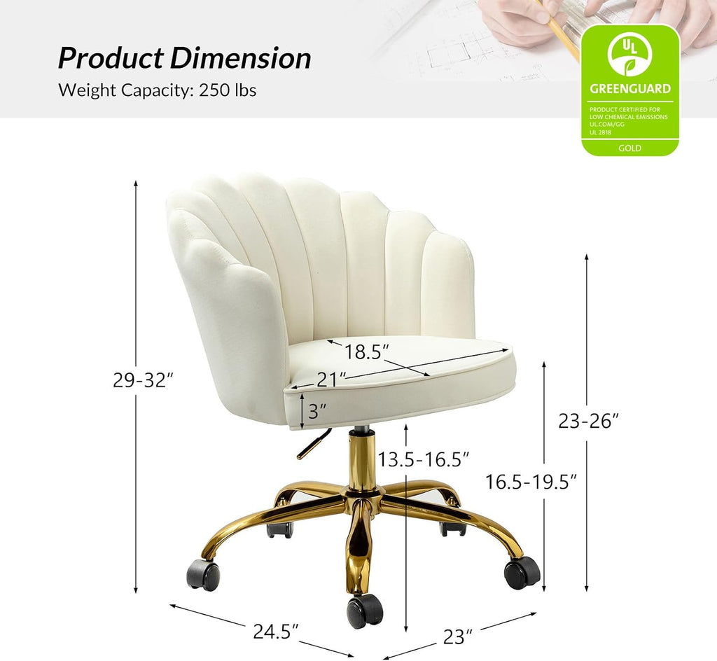 Velvet Home Office Desk Chair with Gold Base, Adjustable Swivel Task Chair for Vanity, Women's Modern Cute Shell Back