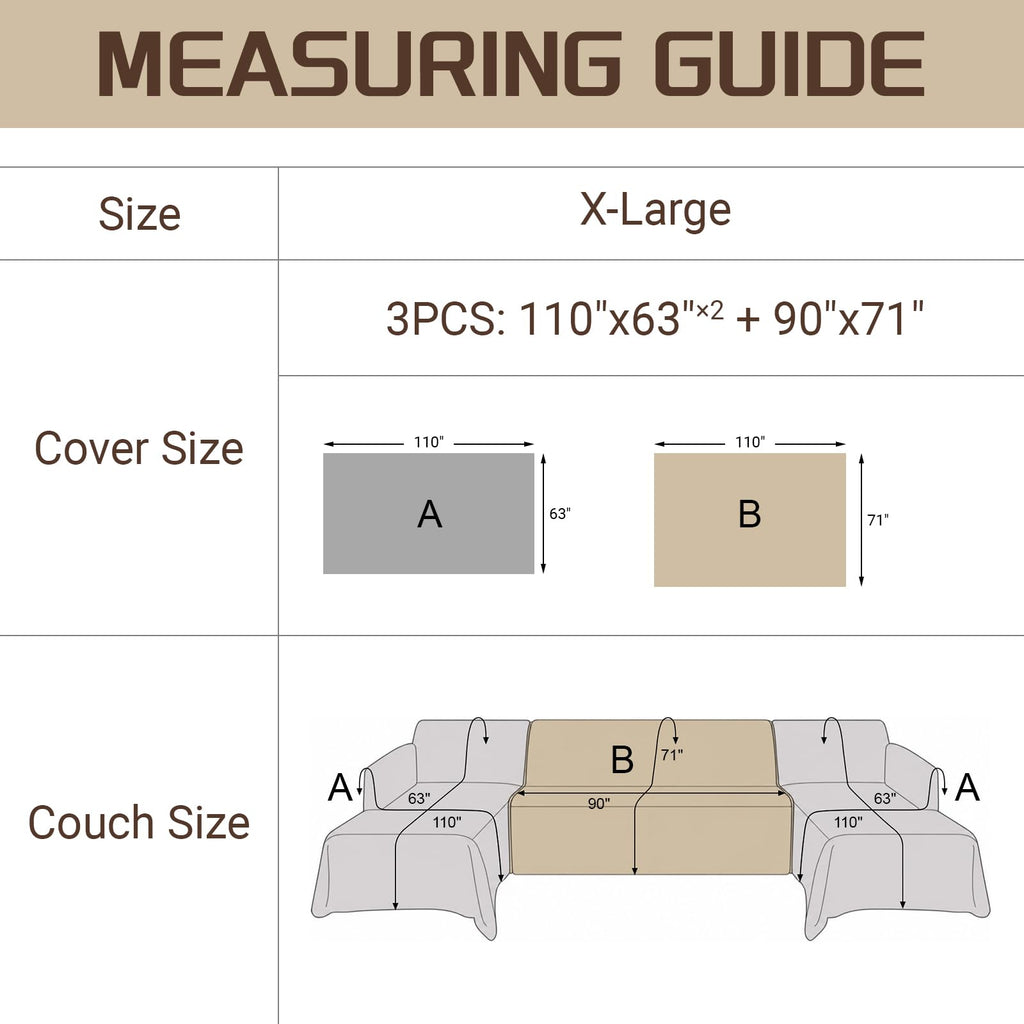 Sectional Couch Covers U Shape, 3 Pieces Waterproof Sofa Cover for Sectional Sofa, Non Slip U Shaped Couch Cover with