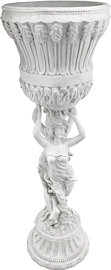 Les Filles Joyeuses Dancing Maidens Pedestal Column Plant Stand with Urn, 36 Inch Tall, Cast Stone Resin, Antique