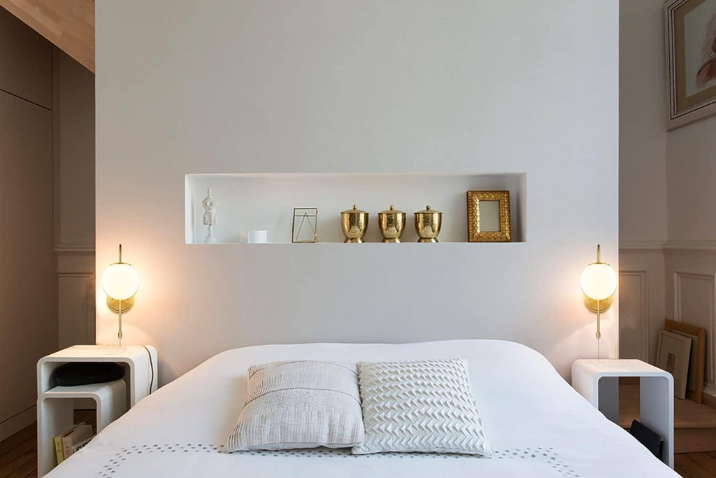Modern Gold Wall Sconce Milk White Globe Wall Light Fixtures with Pull Chain Switch for Bedroom Bathroom Balcony