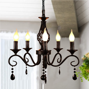 Farmhouse Black Crystal Candle Chandelier, 5 Lights Rustic Industrial Vintage Pendant Light Fixture Hanging Light for Living Room Bedroom Hallway Kitchen Dining Room, E12 Socket