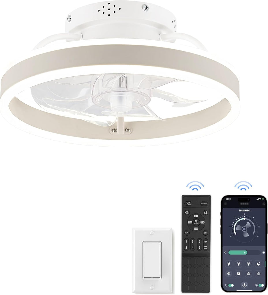Low Profile Ceiling Fans with Lights and Remote, 13 Inch Fandelier Ceiling Fan with Light, White Modern Flush Mount Ceiling Fan, Small Dimmable LED Fan Lights for Bedroom