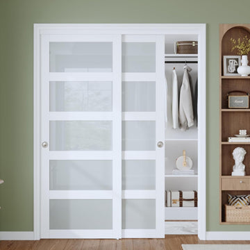 Bypass Sliding Closet Door Slab, 60 x 80 in (Double 31 inch), 5-Lite Frosted Glass, Barn Door with H
