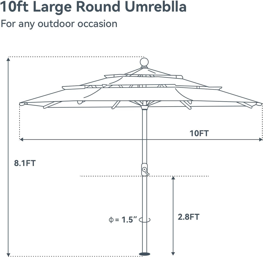 10ft Outdoor Patio Umbrella, [Auto-Tilting] 3 Tiers Market Table Umbrellas with 1.5" Pole, 8 Sturdy Ribs