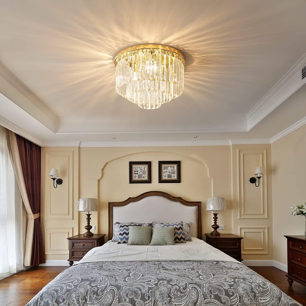 Modern French Gold Crystal Chandelier Ceiling Light,16" Semi Flush Mount 5-Lights 3-Tier Crystal Round Chandelier