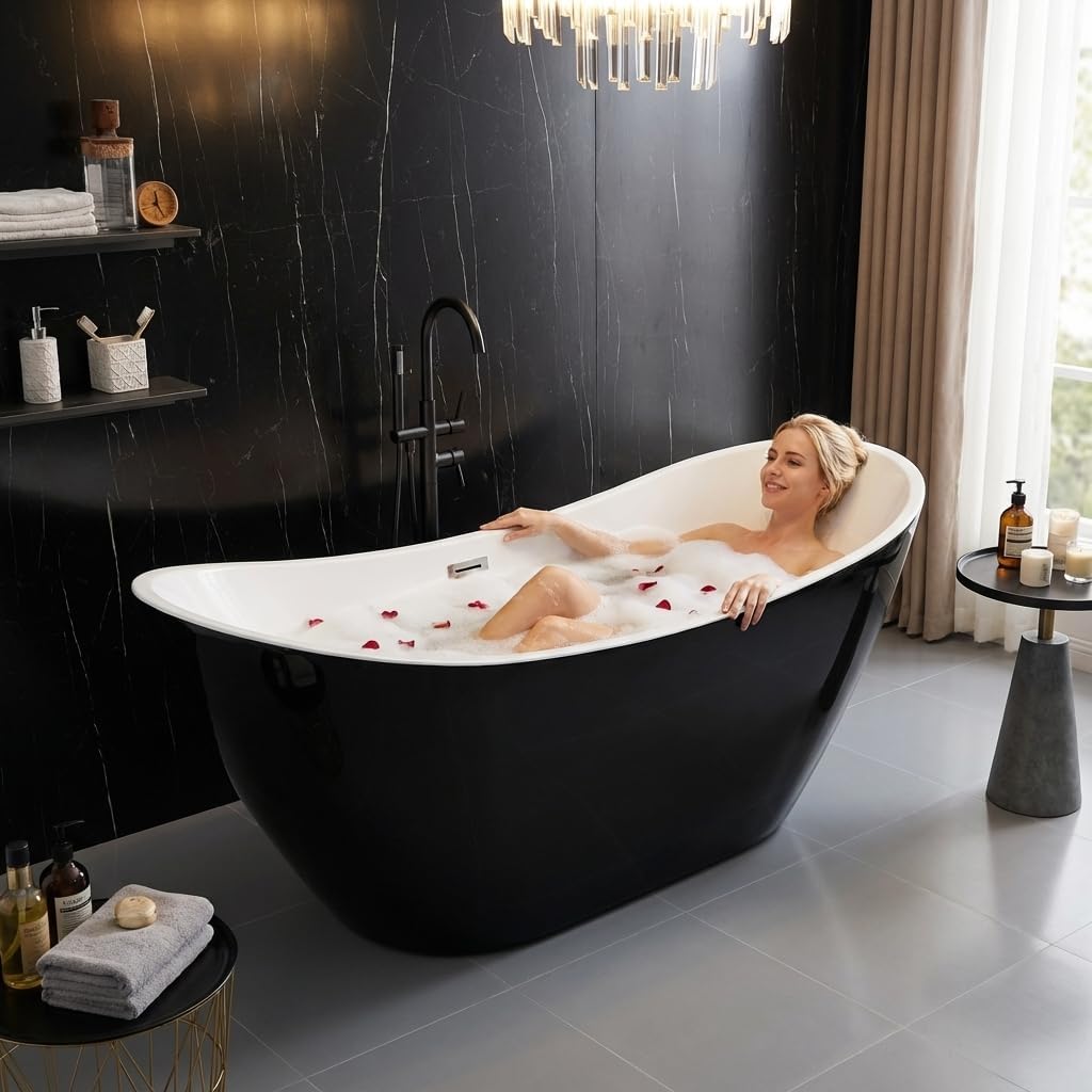59" Deep Soaking Bathtub, Non-Slip Acrylic Tub with Chrome Drain, CUPC Certified, Ergonomic Modern Bath for Bathrooms