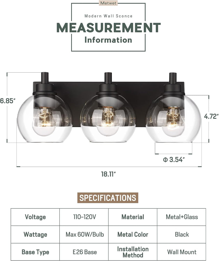 Bathroom Light Fixtures, 3-Light Matte Black Vanity Light, Modern Wall Sconces with Clear Glass Globe Shade, Bathroom