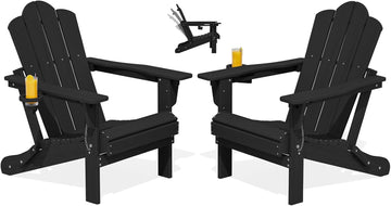Adjustable Adirondack Chairs Set of 2, Folding Outdoor Chair, Black | | with Cup Holder | Reclining 3-Position