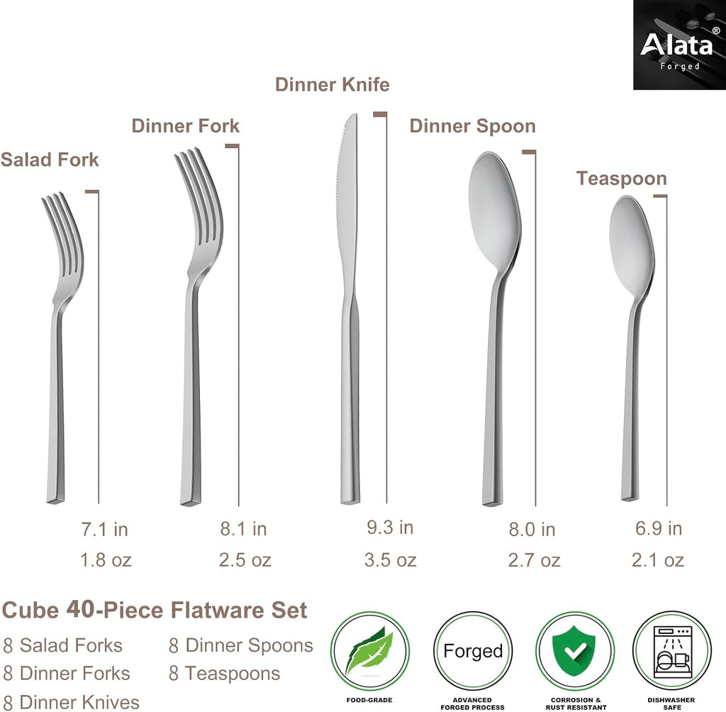 Cube 40-Piece Forged Stainless Steel Flatware Set Cutlery Set, Silverware Set Service for 8, Mirror Finish