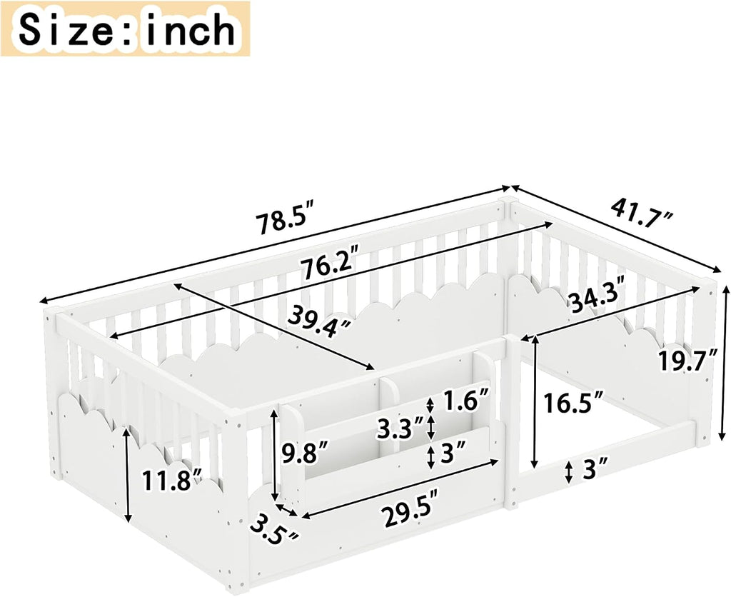Twin Size Kids Montessori Floor Bed,Solid Wood Floor Bed Frame with Bookshelf and High Fence for Kids,Girls,Boys,White