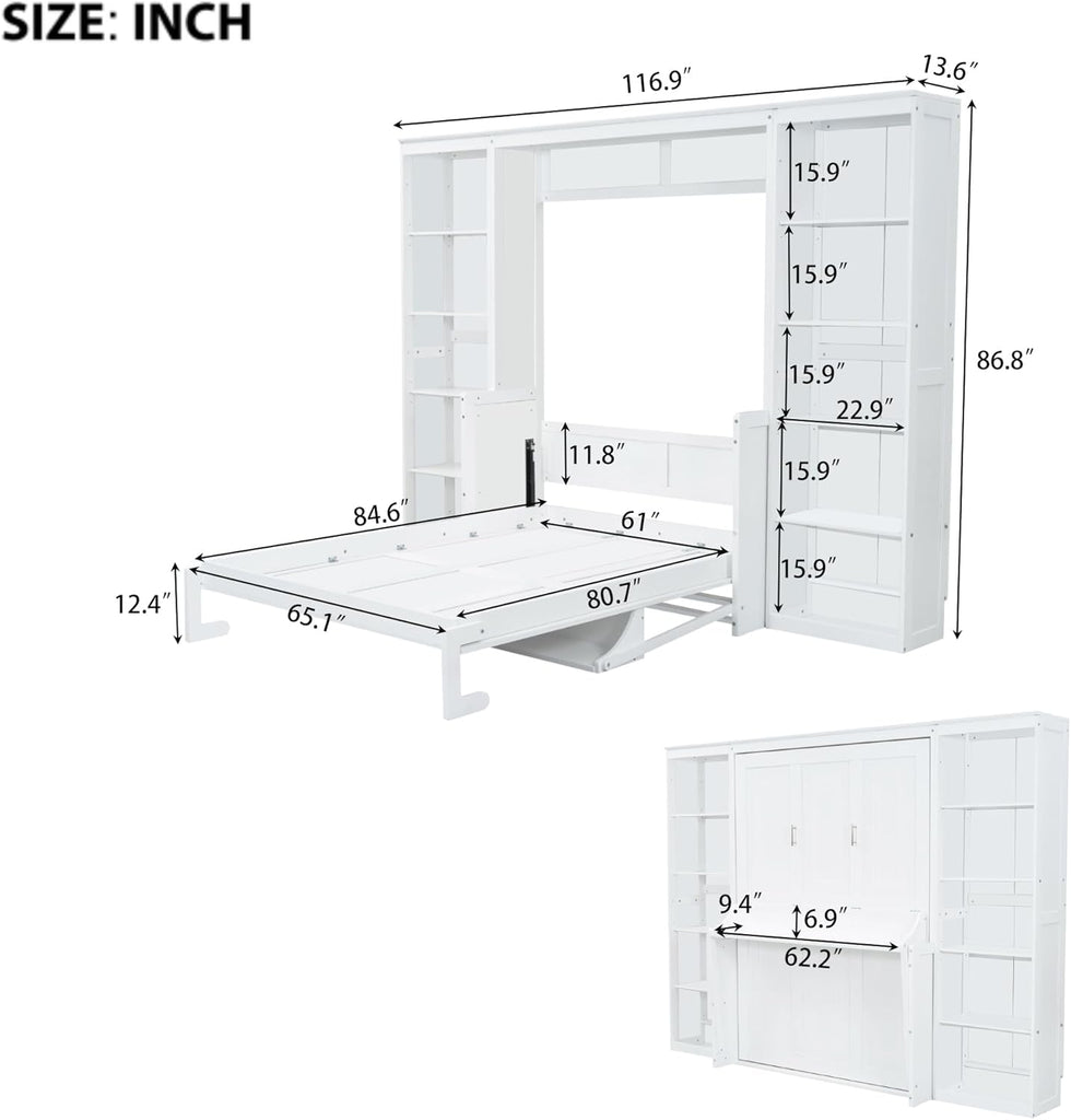Queen Murphy Bed with Desk and Storage Shelves,Pine Wood Vertical Murphy Wall Bed Cabinet with Storage Bookcase