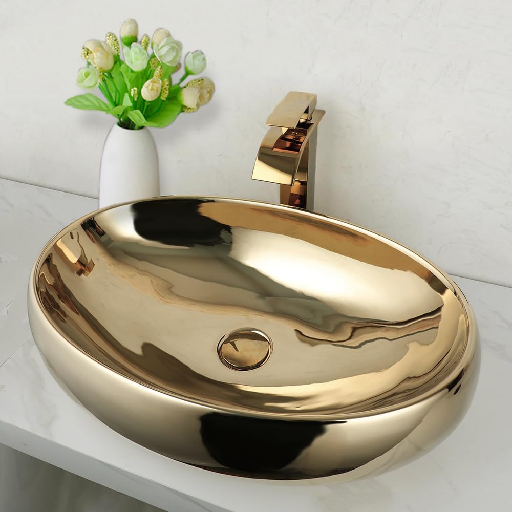 23 Inch Bathroom Vessel Sink with Waterfall Faucet and Pop-Up Drain Combo,Gold Ceramic Sink Bowl Modern Vessel Sink