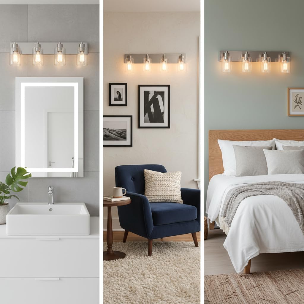 4-Light Bathroom Vanity Light Fixtures, Modern Bathroom Light Fixture with Clear Glass Brushed Nickel Finish Vanity