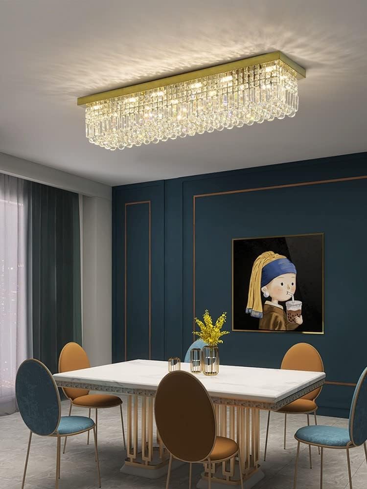 Rectangular Chandelier, Modern Dining Room Light Fixture with Raindrop Chandelier Crystals, 8 Lights Flush Mount