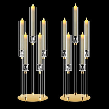 2 Sets 5 Arm Acrylic Candle Holder, Mjkeomo 26'' Tall Candelabra Centerpieces for Tables Clear Candlesticks Holder