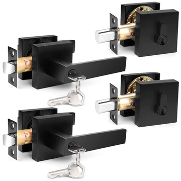 Square Entry Levers and Single Cylinder Deadbolts Combo Pack, Flat Black Keyed Alike Heavy Duty Keyed Entry Handles