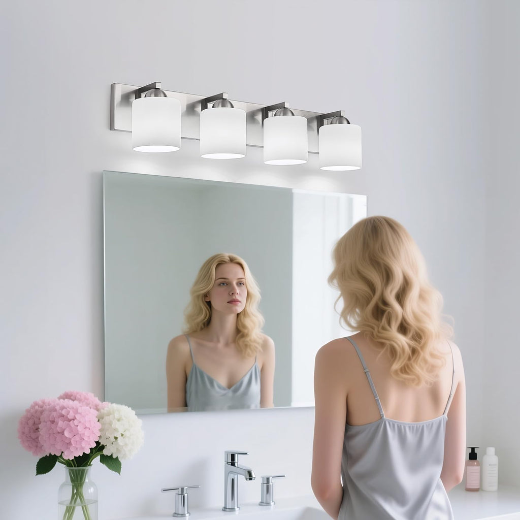 4-Light Brushed Nickel Bathroom Vanity Light with White Glass Shades | makeup vanity illumination grooming station