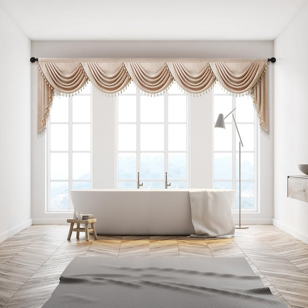 Japanese Style Modern Curtain Valance Faux Linen Curtain Solid Coffee with Beige Tassel Valance(138inch, 1 Panel)