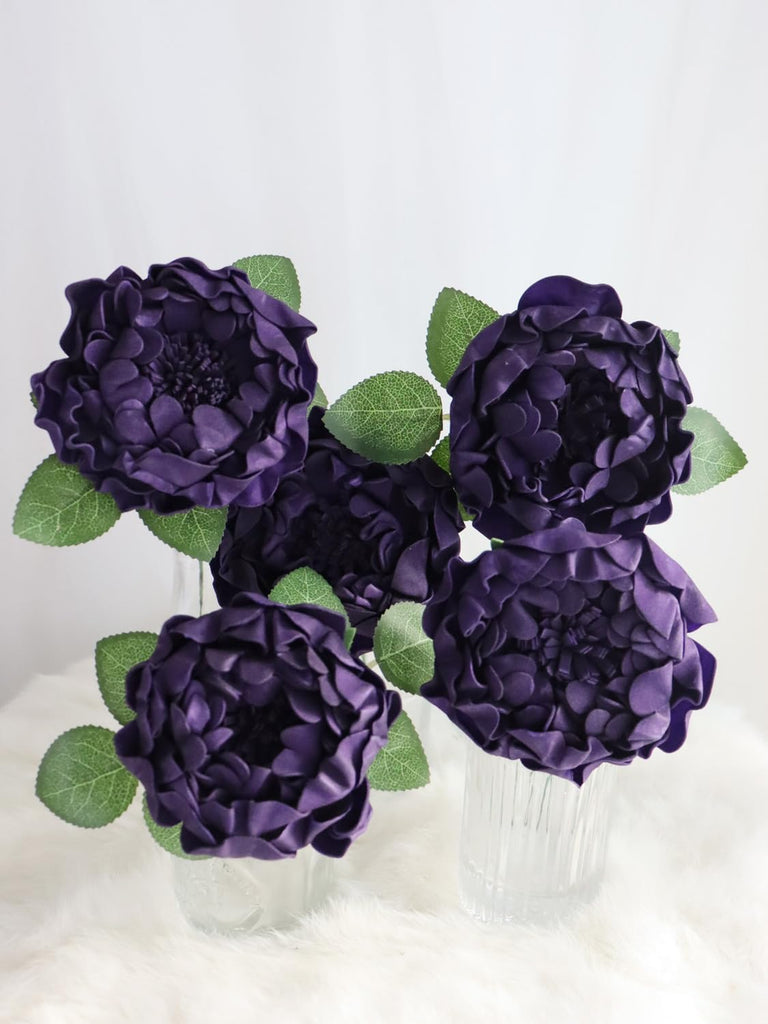 Artificial Flowers 16PCS 4" Deep Purple Blooming Peonies Fake Roses with Stem for DIY Wedding Bouquets Centerpieces