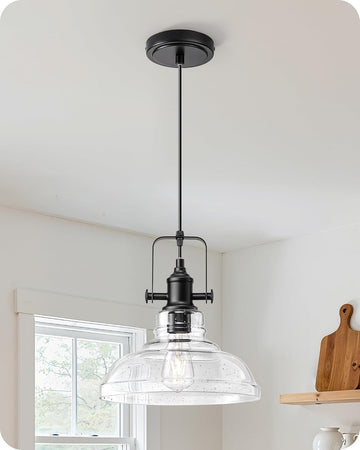 Farmhouse Pendant Lights Kitchen Island, Clear Seeded Glass Shade Hanging Light with Matte Black Finish, Modern