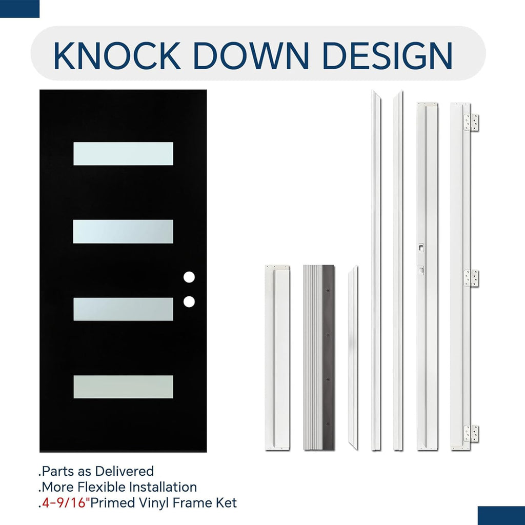 36 x 80 Fiberglass Entry Door with Brickmould, Frosted Glass - Contemporary Style for Home's Front Entrance, Left Hand