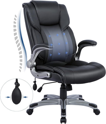 High Back Executive - Padded Leather Ergonomic Computer Desk Chair with Inflatable Lumbar Support & Flip-Up Arms
