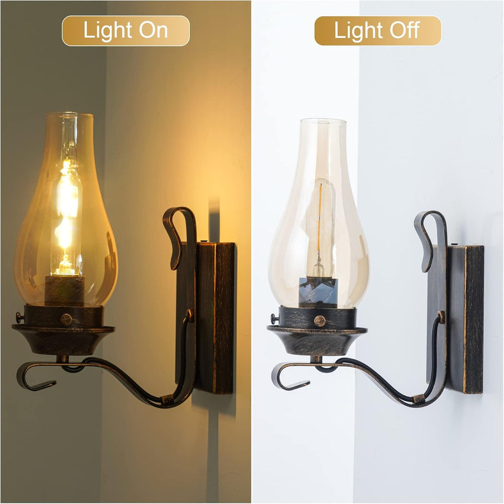 Wall Sconces Sets of 2, Oil Rubbed Bronze Hardwired Wall Sconce Indoor, Retro Rustic Wall Lamps with Amber