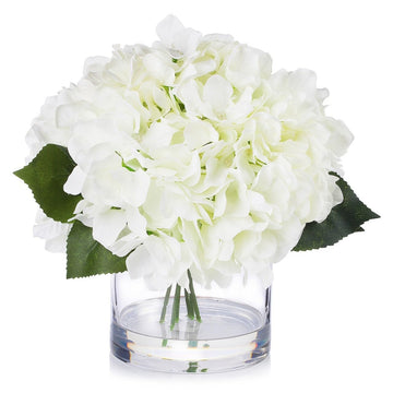 Floral Artificial Flowers Large Silk Hydrangea Fake Flowers Arrangement in Cylinder Glass Vase with Faux Water