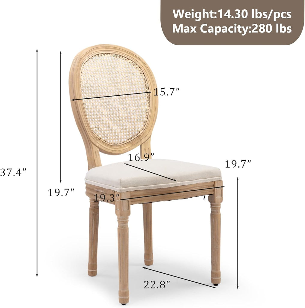Rattan Back Upholstered Dining Chairs Set of 4 French Country Oval Kitchen Side Chairs with Wood Legs for Dining Room