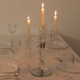 Crystal 3-Arm Candelabra Taper Candle Holder with Hanging Prisms & Round Mirror Base - Faceted Cut Glass Design - 14"